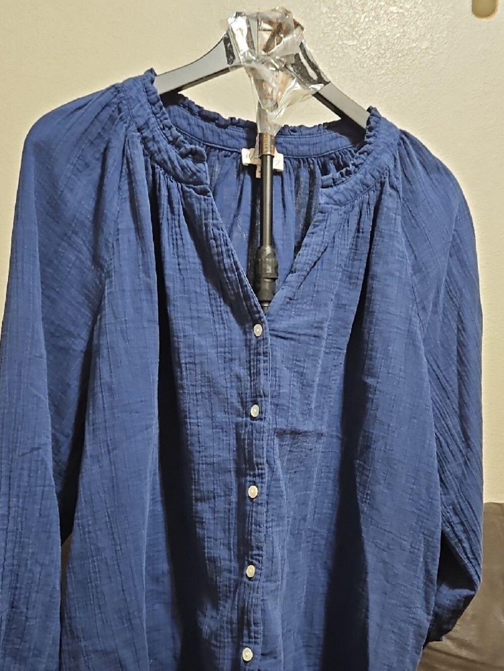 Wonderly Deep Blue Gauze Button-Front Peasant Top - Picture 2 of 6